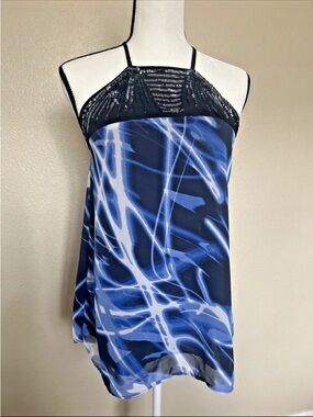 Blue Abstract Halter Tank Top with Sequin Trim